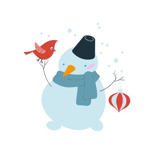 Kardinalvogel. Vektor Maltäsch Schneemann mit Vögelchen und Weihnachtsschmuck auf weissen