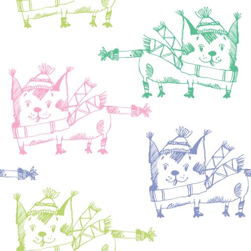 Katze. Vektor mehrfarbige Cartoon-Kätzchen mit Mützen und Schals auf weißem