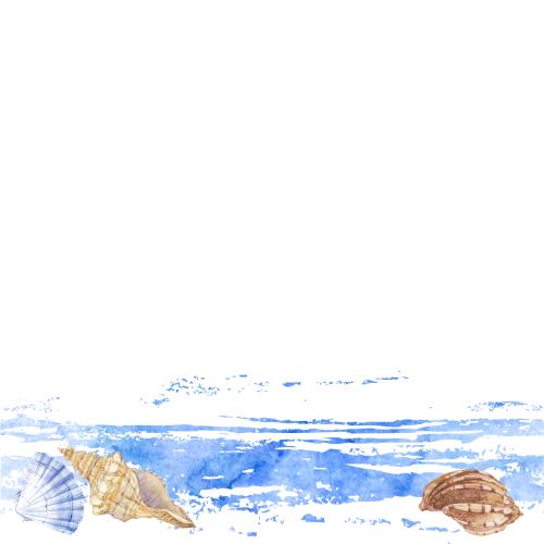 Rasterbild aquarellmuscheln, wellen, textfeld auf weißem