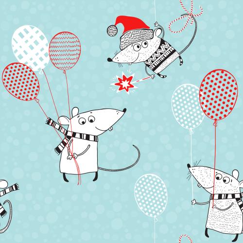 Luftballon. Vektor cartoonartige Mäuse mit Luftballons auf blauem Karomuster