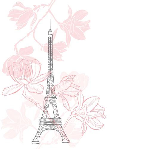 Eiffelturm. Vektor Eiffelturm, blühende Magnolie, Platz für Text auf weißem