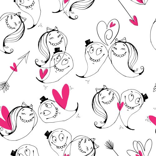 Valentinstagskarten. Vektor cartoonartige verliebte figuren, pfeile, herzen auf weissem