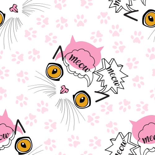 Vektorgrafik cartoonartige katzenmienen, schriftzüge meow, abdrücke von pfoten auf weißem