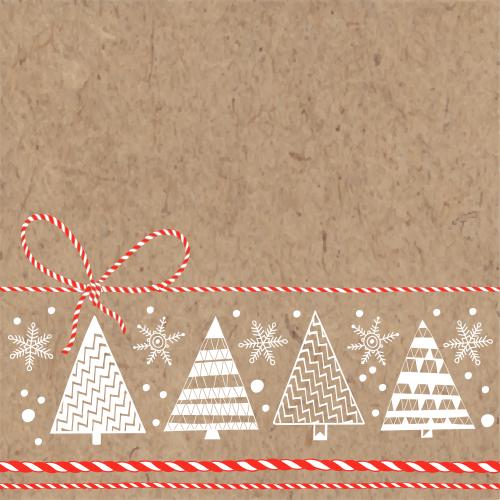 Vektorgrafik stylisierte weihnachtsbaeume, schneeflocken, rot-weisse-schleife-mit-band, textfeld-auf-kraftpapier