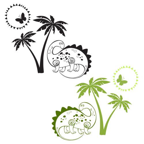 Sommer. Vektor Komposition mit cartoonartigem Dinosaurier schwarze und farbige Silhouetten zwei Varianten auf weißem