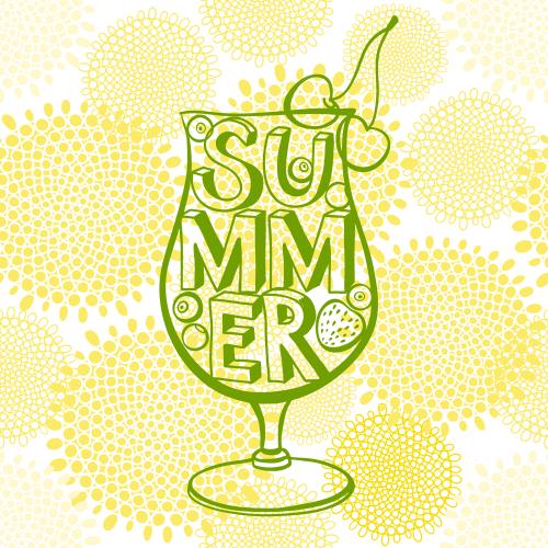 Kirsche. Vektor Cocktail mit Beeren, Schriftzug Summer, gelbe abstrakte Blumen auf weißem