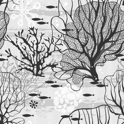 Natur. Vektor monochrome Algen, Korallen, Fische, Meeresbewohner und Wellen