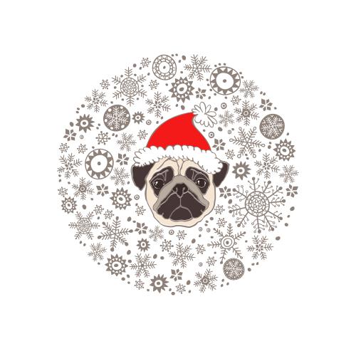Weihnachtsmann. Vektor Süße Mops-Gesicht in einer Neujahrsmütze in einem Schneeflockenkreis auf weißem
