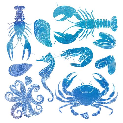Miesmuschel. Vektor Seepferdchen, Tintenfisch, Krabbe, Muscheln, Auster, Lobster, Krebs, Garnelen, Muschel, Aquarellsilhouetten auf weißem