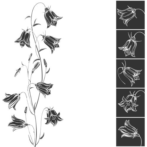 Vektorgrafik kuckucksuhren, schwarze silhouette, blumen in schwarzen quadraten, platz für text auf weißem