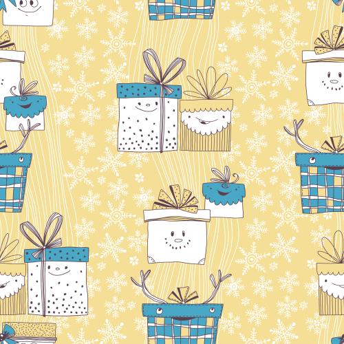 Vektorgrafik cartoonartige geschenkboxen, schneeflocken, wellenförmige linien auf goldfarbenem