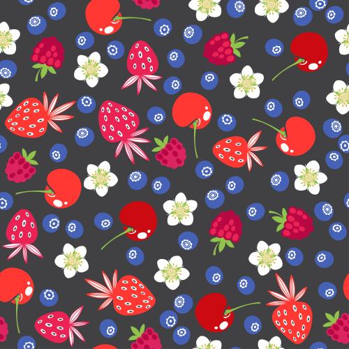 Himbeere. Vektor Erdbeeren, Blaubeeren, Kirschen, Himbeeren und Blumen auf dunklem