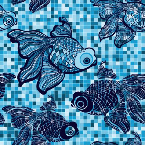 Mosaik. Vektor fische Silhouetten und Konturen auf Mosaik blaue Farben
