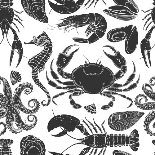 Miesmuschel. Vektor Seepferdchen, Oktopus, Krabbe, Muscheln, Austern, Lobster, Krebs, Garnelen, Muschel, schwarze Silhouetten auf Weiß