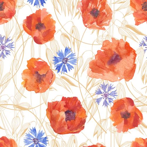 Rasterbild aquarellmohn und vergissmeinnicht, gerstenähren auf weißem