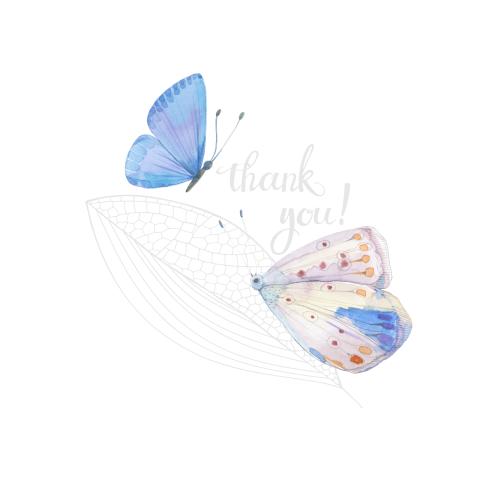 Rasterbild aquarellbutterflies, stylisierter blatt und die aufschrift "thank you" auf weißem