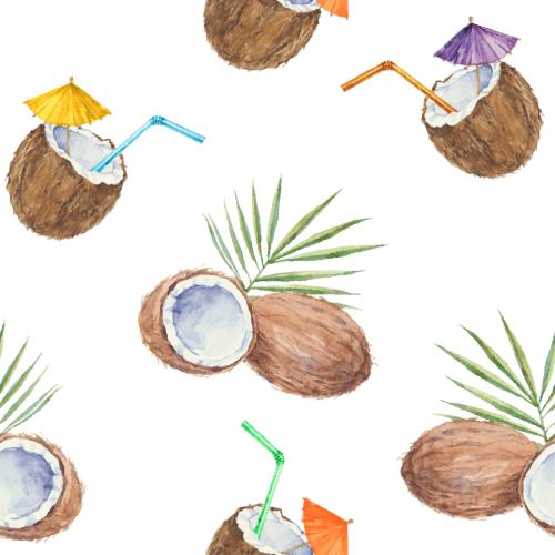 Frucht. Vektor Kokosnüsse, Kokoscocktails mit farbenfrohen Cocktailstrohnen und Schirmchen auf weißem