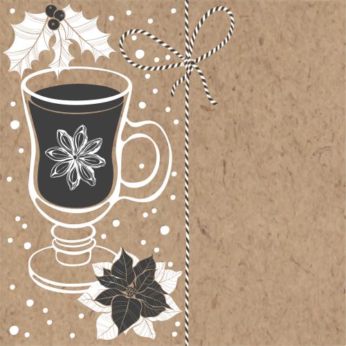 Sternanis. Vektor Glühweinglas Anis Poinsettia Eisenhut Schnee Festliches Schmuckband mit Band und Platz für Text auf Karte