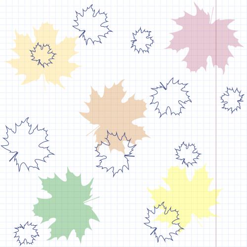 Heft. Vektor farbenfrohe Ahornblätter, Konturen und Silhouetten, auf einem karierten Blatt
