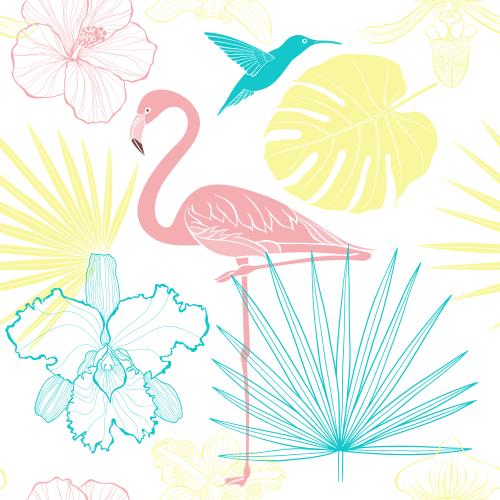 Vektorgrafik flamingo, kolibri, orchideen, hibiskus, palmenblätter auf weißem