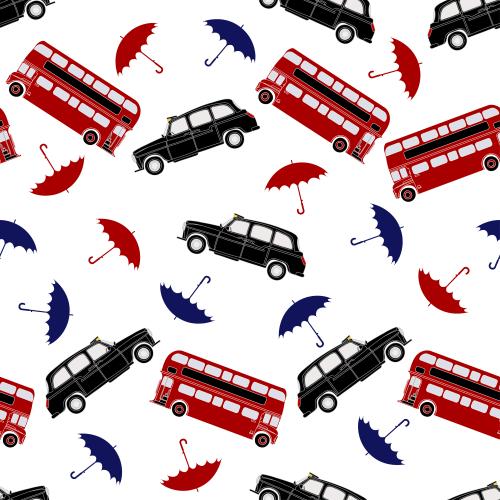 Auto. Vektor rote zweistöckige Busse, Taxis und farbenfrohe Schirme auf weißem