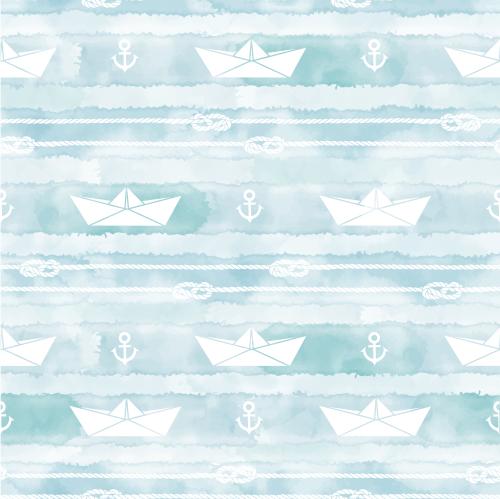 Anker. Vektor weiße papierne Kreuzer, Seile mit marinen Knoten, Anker auf blauem Aquarell