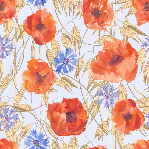 Rasterbild aquarellmohn und kornblumen, haferähren auf blauem