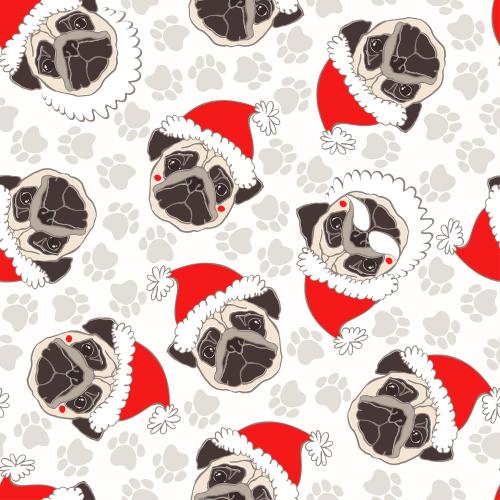 Weihnachtsmann. Vektor Mops-Gesichter in Weihnachtsmützen, Pfotenabdrücke auf weißem