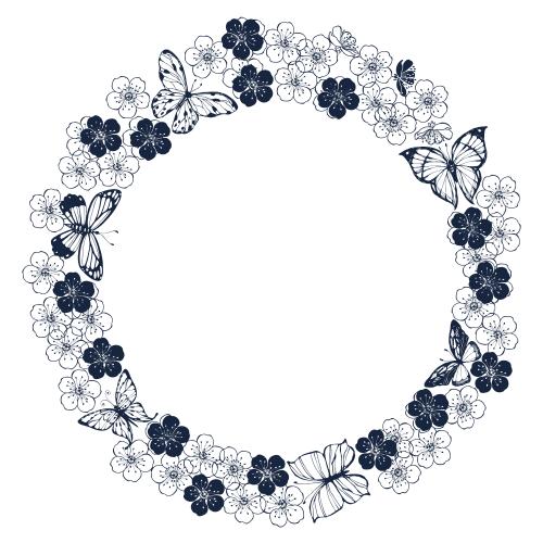 Vektorgrafik runde rahmen mit blumen und schmetterlingen auf weißem