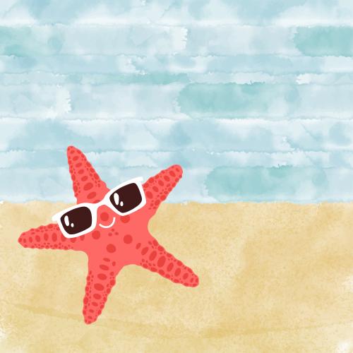 Meer. Vektor cartoonartige meeresstern mit sonnenbrille, strand und meer