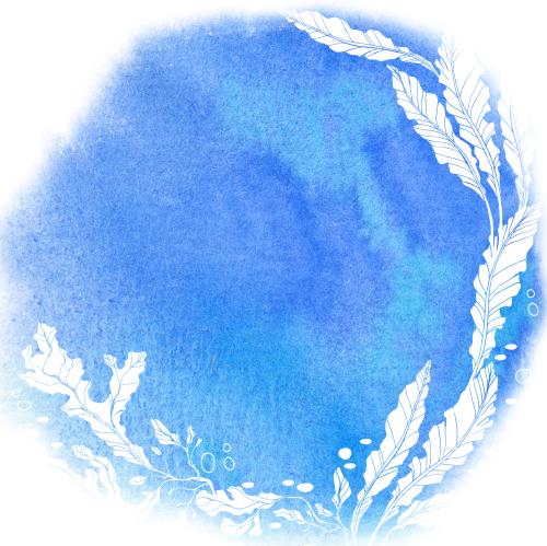 Rasterbild weiße algensilhouetten, blau aquarell, rundes fleck mit platz für text