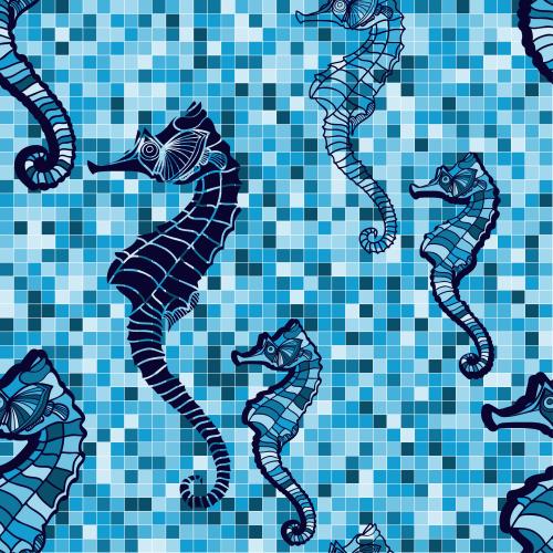 Karierte. Vektor Meeresschildkröten auf mosaikartig, kariert, blaue Töne