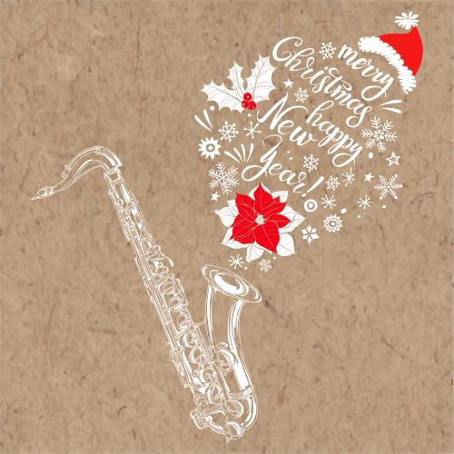 Saxophon. Vektor Saxophon Schneeflocken Eisenkraut Poinsettia Weihnachtsmütze und Wunsch Frohes neues Jahr Frohe Weihnachten Winterkomposition auf Kraft