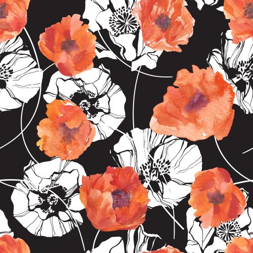 Rasterbild mohn, aquarell- und weiße silhouetten von blumen auf schwarzem