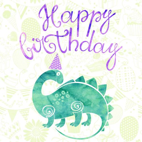 Cupcake. Vektor Aquarelldinosaurier, Schriftzug Happy Birthday auf weißem mit Symbolen des Feiertags