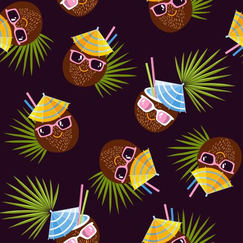 Kokosnuss. Vektor cartoonartige Kokoscocktails in Sonnenbrillen und Palmenblätter auf dunklem