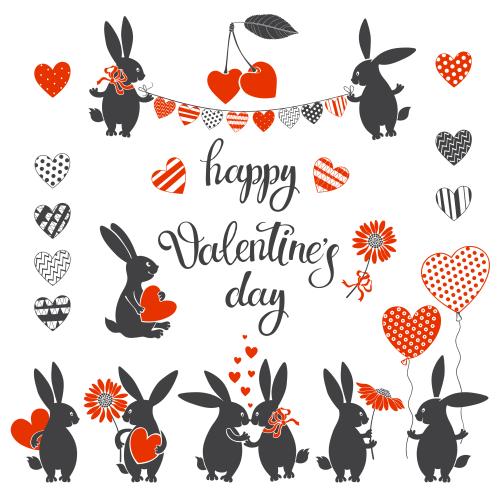 Vektorgrafik hübsche kaninchen, herzen, ballons und eine girlande, schriftzug happy valentines day auf weißem
