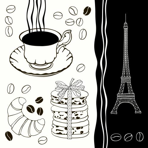 Macaron. Vektor tasse mit Kaffee, Kaffeebohnen, Macarons und Eiffelturm