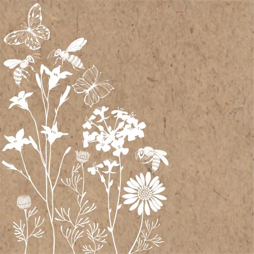 Sommer. Vektor Glocke, Raps, Kamille, Schmetterlinge und Bienen auf Kraftpapier, Eckkomposition