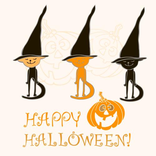 Kürbis. Vektor drei Katzen in Hexenmützen Kürbislaternen und die Aufschrift Happy Halloween