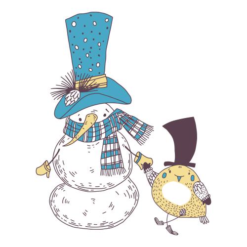 Vektorgrafik cartoonartige schneemänner und vögel auf weißem