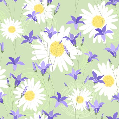 Gänseblümchen. Vektor Kamille, Glockenblumen, dekorative Kreise auf Grün