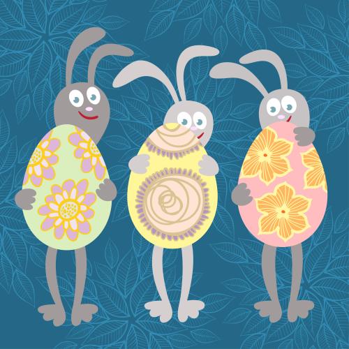 Hase. Vektor drei hübsche Kaninchen mit festlichen Ostereiern