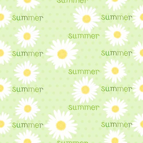 Gänseblümchen. Vektor Gänseblümchen, Schriftzug Summer auf grünem Karomuster