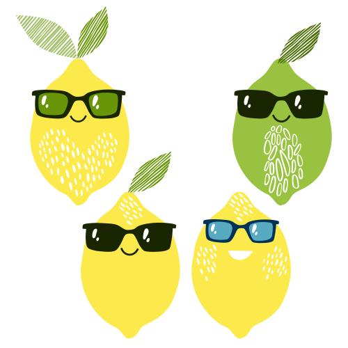 Vektorgrafik cartoonartige zitronen und limetten in sonnenbrillen auf weissem