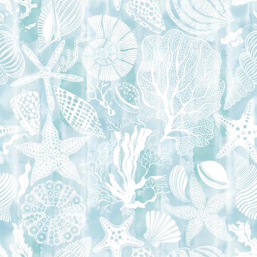 Seeigel. Vektor Meersterne, Muscheln, Nautilus, Meeresschweinchen, Korallen, Algen auf blauem Aquarell