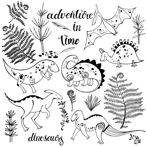 Farn. Vektor hübsche cartoonartige Dinosaurier, Farn, Schriftzug Adventure in Time auf weißem