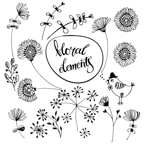 Vektorgrafik cartoonartige blumenelemente und ein süßes vögelchen auf weißem