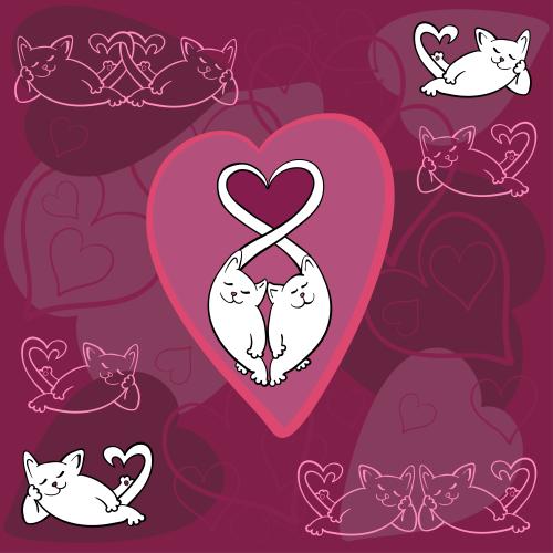 Valentinstagskarten. Vektor katzen und Herzen auf burgundrot