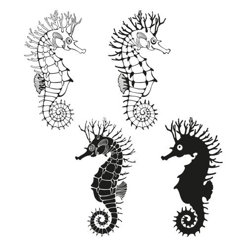 Vektorgrafik seepferdchen schwarze silhouetten und konturen auf weissm